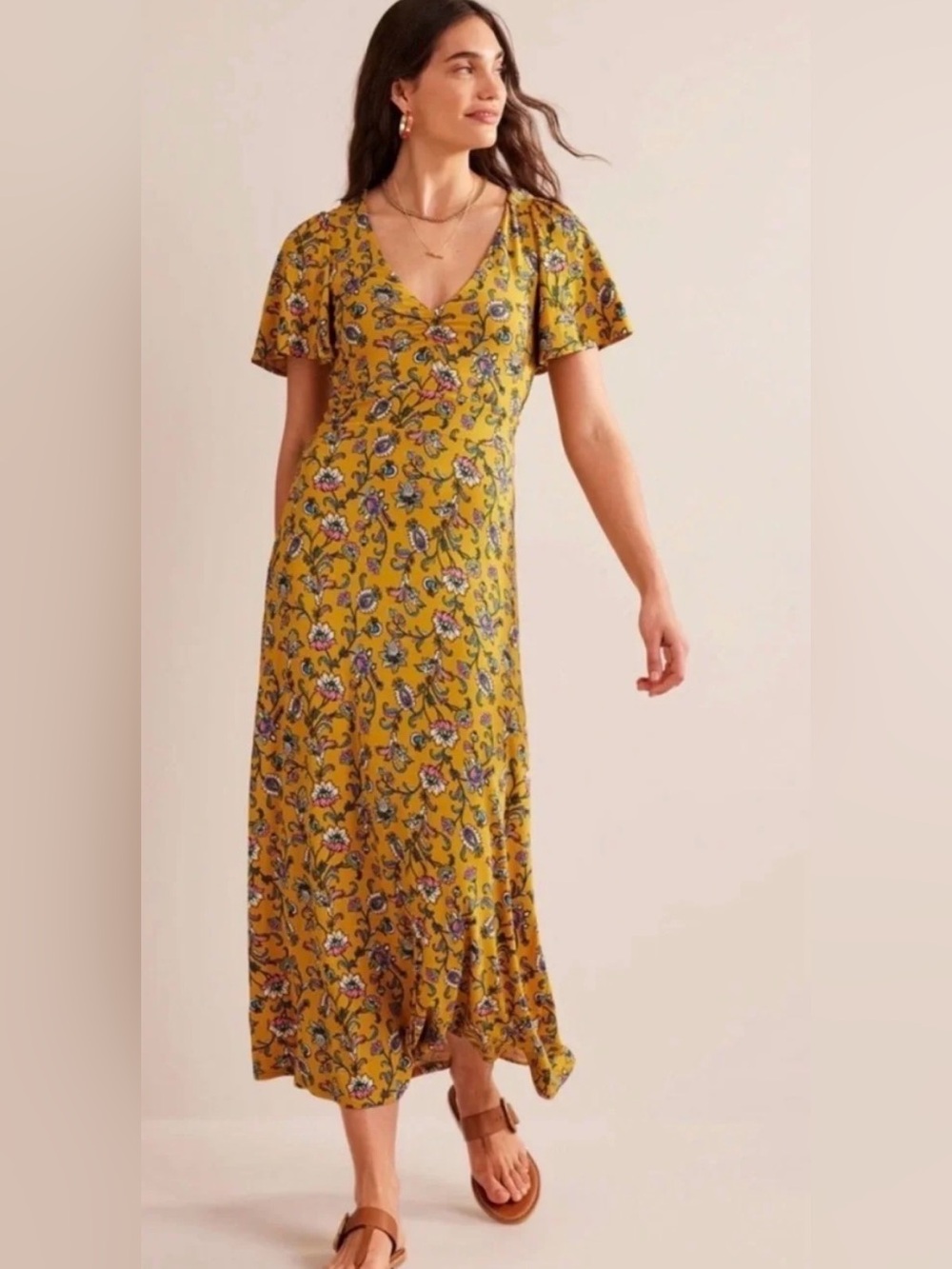 Paisley Flutter Sleeve Midi Dress In Mustard Seed